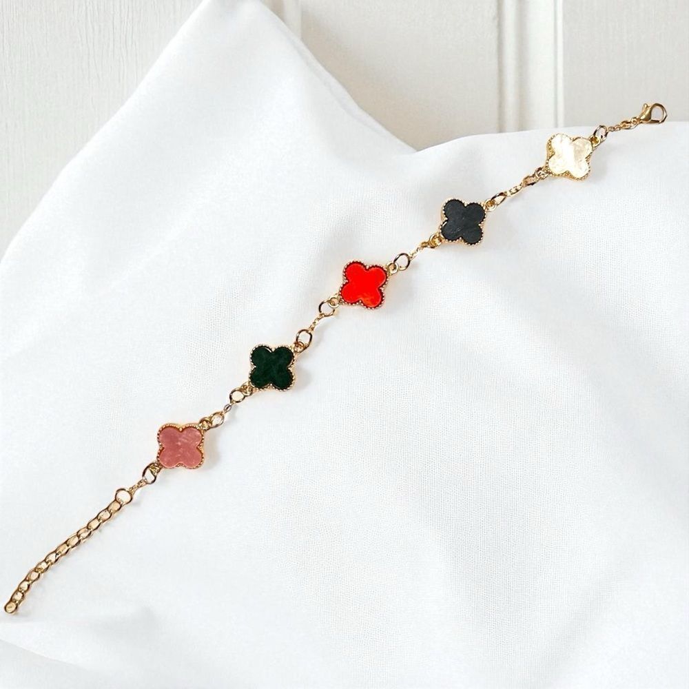 Designer Inspired Elegant Multi Color Clover Gold Tone Bracelet